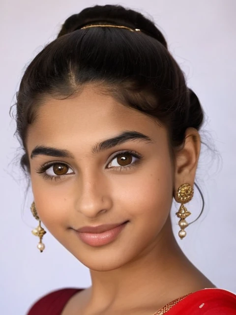 Maya is 18 year old indian girl. Maya stands tall at 70 inches (178 cm) and weighs 180 pounds (82 kg). Her chest measures 44 inches (112 cm), waist 38 inches (97 cm), and hips 46 inches (117 cm). She has intense hazel eyes that reflect her strong spirit, framed by thick, naturally arched eyebrows. Her broad and prominent nose adds to her distinctive look. Maya's full, expressive lips often wear a confident smile. Her medium-sized ears are adorned with simple earrings. Her thick, wavy, dark brown hair is often styled in a loose bun. Her deep tan skin tone gives her a powerful presence. Maya's tall and robust build commands attention, and her warm smile makes her approachable and friendly , wearing goun