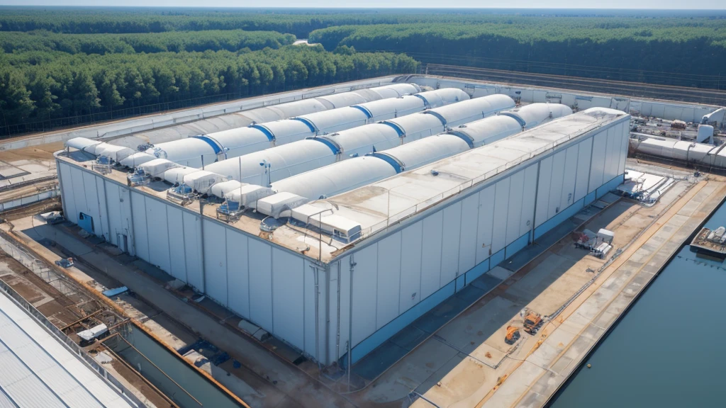 Blue sky and white clouds，Aerial view of the exterior of a large industrial plant，Workers are working in the factory, Wastewater treatment plants，Coarse grid room、 Water distribution well 、 Secondary sedimentation tank 、High efficiency sedimentation tank、Disinfection of fire water pool、Blower room、Deodorization system