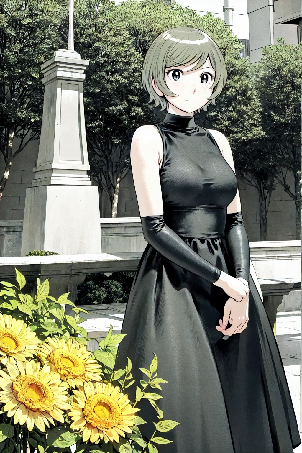 、(masterpiece、Highest quality)、Highest quality, Ultra-high resolution, (((masterpiece))), alone, Sweat、Big eyes, Sleeveless、Outdoor、Floral Dress、Composition from the front、（後ろCut your hair short、short hair、blonde、woman）、Shortcuts、Embarrassed face、Cut your hair short、可愛いwomanの子、Big Breasts、Browsing Caution