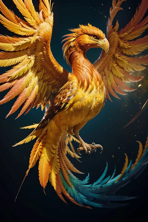 Create an image of the phoenix bird using the colors between yellow, blue and red