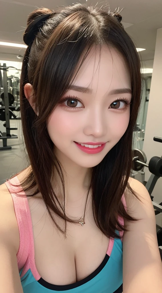 best quality, digit, 超detailed, detailed, High resolution, 32K Wallpapers, Perfect dynamic composition, attention to detail, Random teal sports bra,Large Breasts,,Just like what the top models wear,bun, chest center,Beautiful big eyes like a cat, Cute button nose, small but fairly full lips, Eyebrows are thick and long, beautiful eyelashes. The whole makeup is transparent, paint your cheeks pink,Dark eyeliner,Lip gloss makes it sparkly. casual sexy pose,Smile,white teeth,full-body shot,influencer,randomly placed points(gym scenery),Lifting dumbbells,Exercise