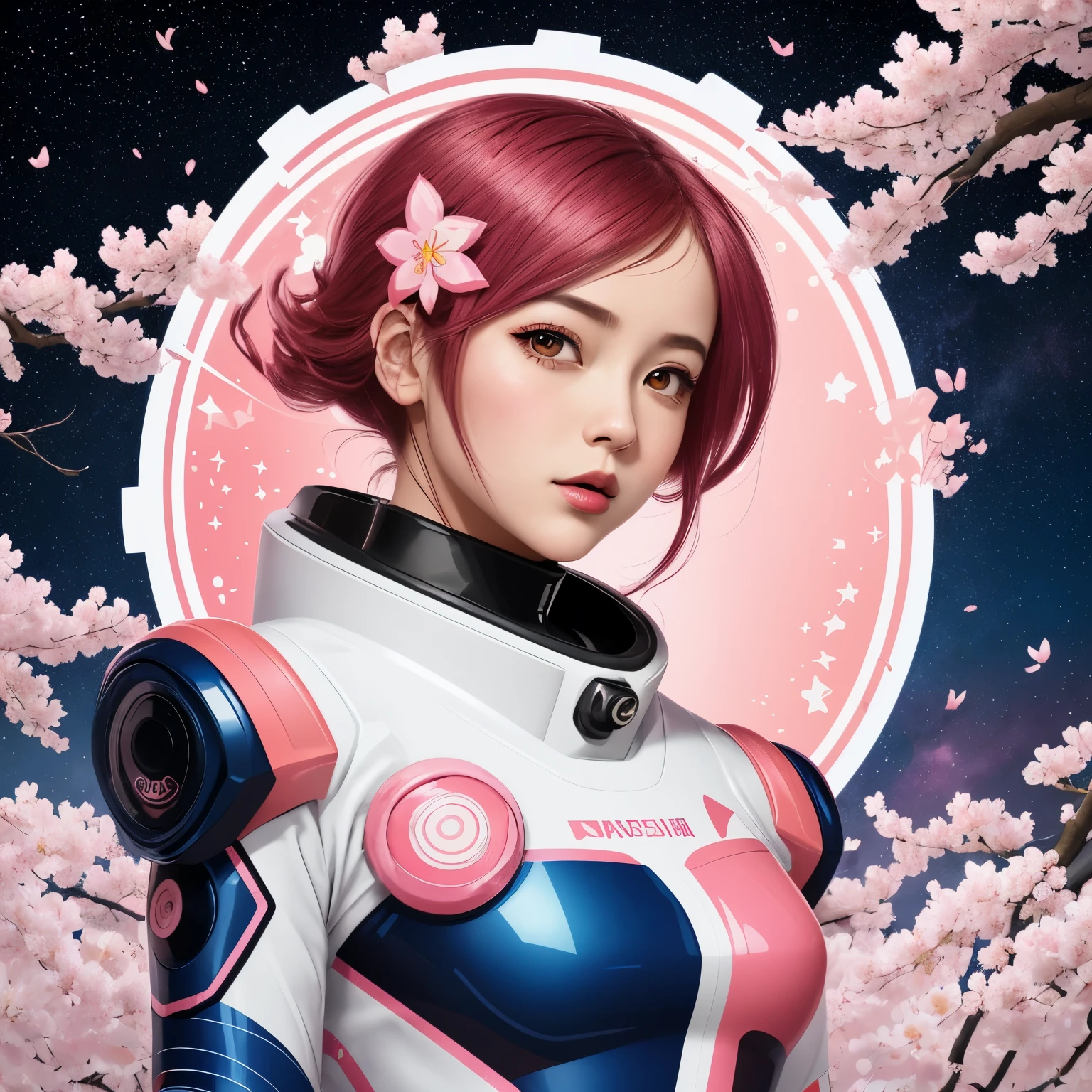 (best quality, 4k, 8k, high resolution, masterpiece:1.2), ultra-detailed, (clean and bold DTG print:1.3), (bold lines:1.2), playful sophistication, splash art, (vibrant colors:1.1), creative details, nostalgia with punk twist, (circular frame), seamless edges, clean simple background, (young girl:1.2), confident pose, spacesuit, (swirling burning Sakura blossoms:1.3), floating space debris, (vibrant shades of pink, orange, red:1.1), (silver and blue debris), starry sky, white stars, deep blue background, harmonious composition, vector art style, flat design elements, retro-futuristic aesthetic, dynamic swirl pattern, space exploration theme, Japanese influence, punk elements, graphic design, digital illustration, high contrast, symmetrical design, iconic imagery, visual storytelling, screen printing style, 1girl, determined expression, helmet with face visible, stylized cherry blossoms, metallic textures, starburst effect, flowing movement, futuristic technology, minimalist background