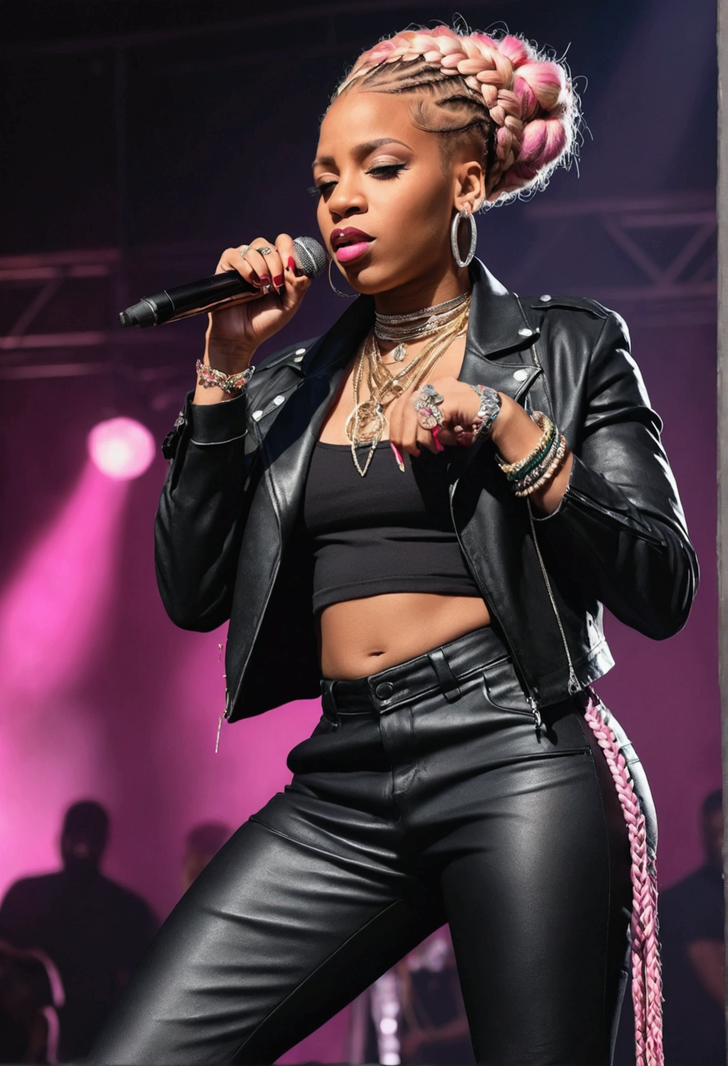 Digital portrait of a BLACK WOMAN singer with imposing posture dressed in fashion "urban fashion", "gangster", "rapping", "Urban", "underground" without showing your hands, blonde and pink hair braided and decorated and performing on a stage