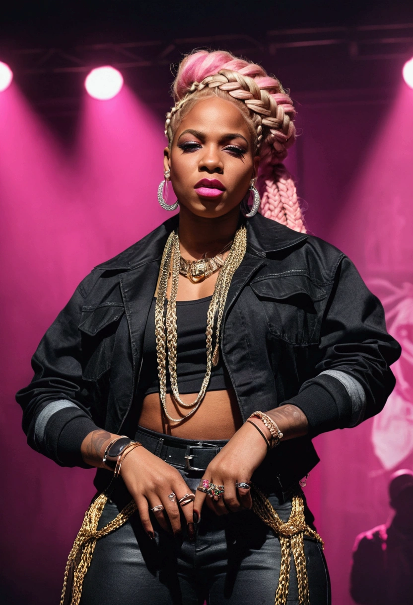 Digital portrait of a BLACK WOMAN singer with imposing posture dressed in fashion "urban fashion", "gangster", "rapping", "Urban", "underground" without showing your hands, blonde and pink hair braided and decorated and performing on a stage