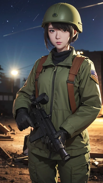 high quality, High-resolution images, Full HD、8k.A young girl with short chestnut hair, wearing a US military uniform and a helmet pulled down low on her head., He has a rifle.、Late night city, Put on a night scope,Binoculars night vision scope, Pitch black. The light from the night scope is green.,,(Shooting a gun from the rubble),((Lower the night scope to your eye,))