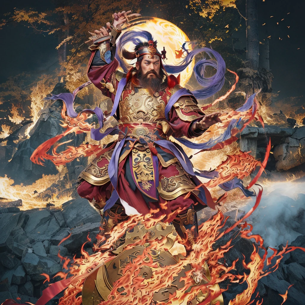 a fierce warrior, holding a sword, fire, asura from chinese myth, maroon beard and hair, purple deity ribbon, standing on huge golden wheel, 3 eyes, ancient chinese armour, taoist priest, taoist master, small crown,   realistic fire