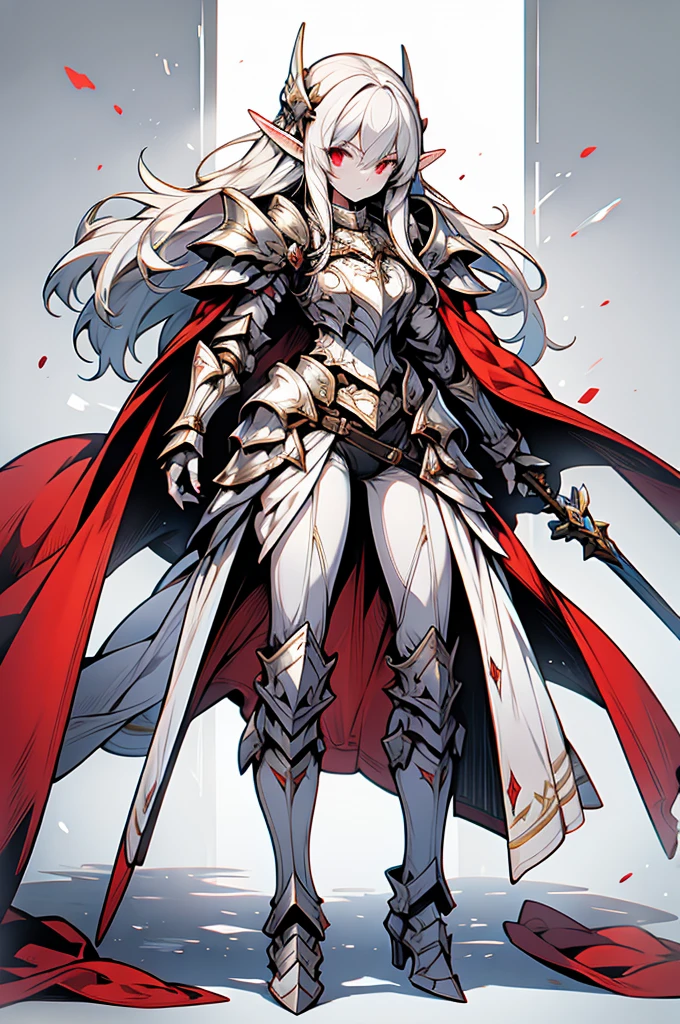 female elf knight, full body art, silver hair, white skin, red iris eye, knight full plate adorned armor, silver cape, perfectly detailed