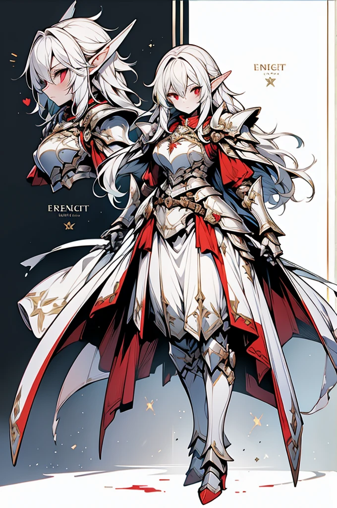 female elf knight, full body art, silver hair, white skin, red iris eye, knight full plate adorned armor, silver cape, perfectly detailed