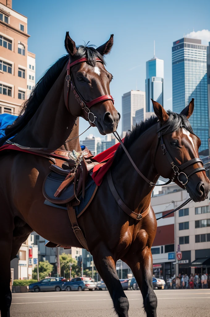 Superman montado num horseback preto, horseback preto, cidade a natta, natta, asphalt, people, bright buildings, bright buildings azuis e vermelho, bright coloured, superman no horseback, horseback preto, people andando, carro de police, police , carro de police com giroflexo ligado, superman , horseback.