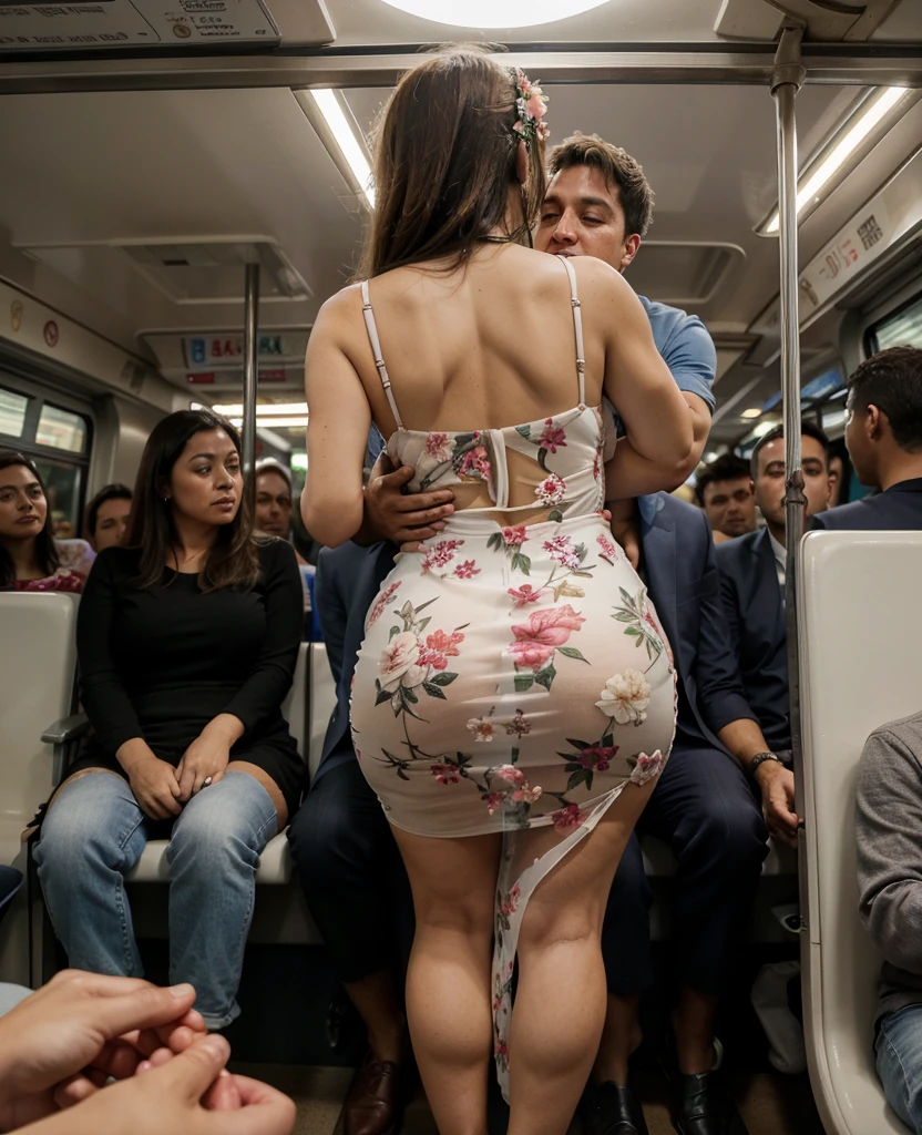 (((8k, RAW photo, highly sensitive, best quality, extremely detailed hair, masterpiece, ultra high res, photorealistic:1.25))), SFW, ((realistic, masterpiece)), (VERY crowded subway train interior detailed scenario), (VERY crowded subway train interior detailed background), standing insanely hot (monica bellucci) using sexy ((school uniform)), (((lifted skirt))), ((big ass)), ((thick thigths)), ((cum between her legs)), ((3/4 white stockings)), ((fear expression)), (blushed face), old skinny elder ass groping woman 1 from behind,(((very old peruvian man ((ugly) skinny) (elderly man), ((fear expression)), (poorly dressed) pressing his chest on woman 1 back))) and (((holding her waist behind her))), ((cum stain on man pants))