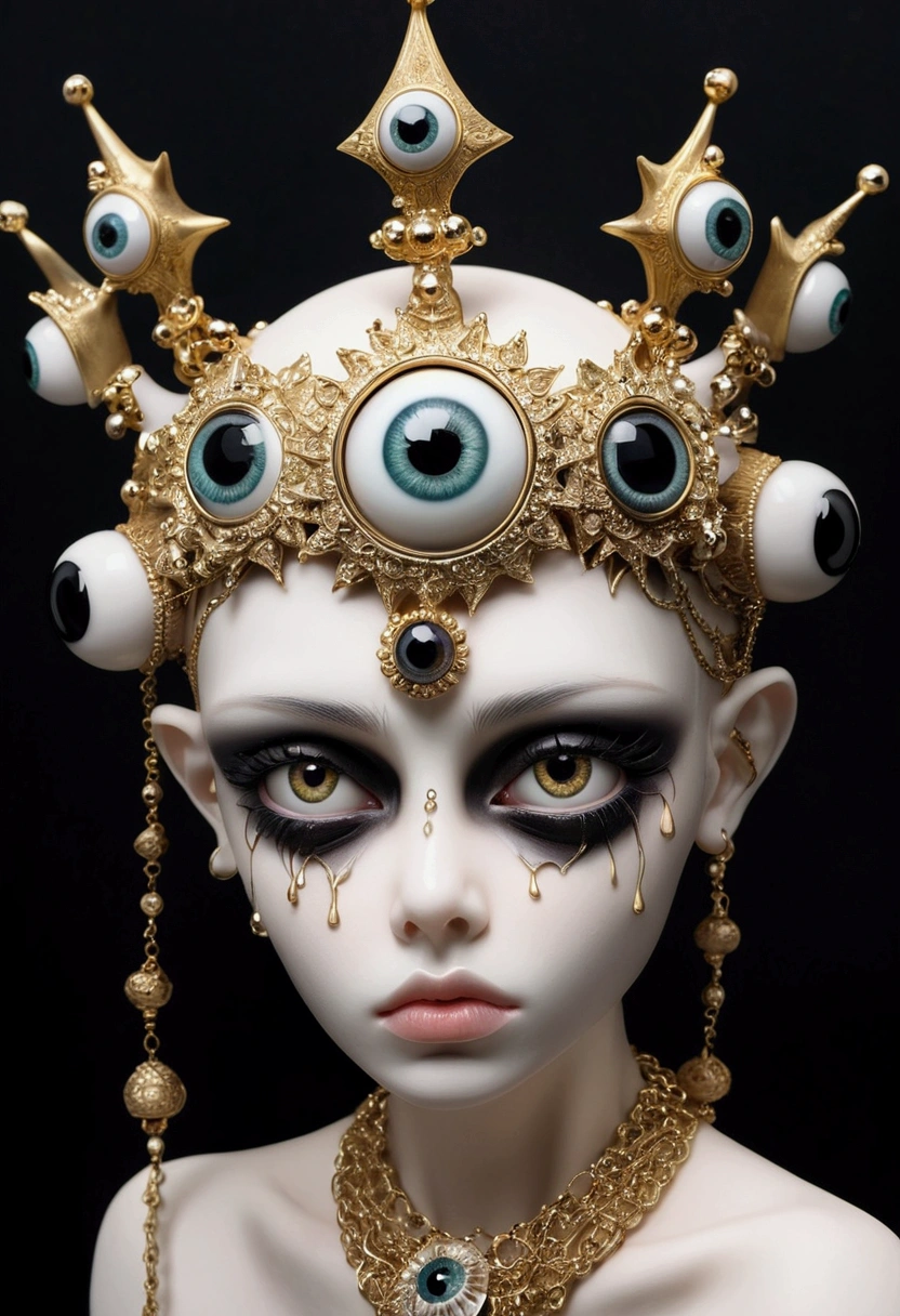 Grotesque Aesthetics：One-eyed sculpture，Tears，There are many eyeballs growing on the skin of the face，Eyeball Necklace，Eyeball Crown，Realistic eyeballs，teeth，Distorted face，Shoulder，arm， Solitary，black background，crown，3D eye bead necklace，
