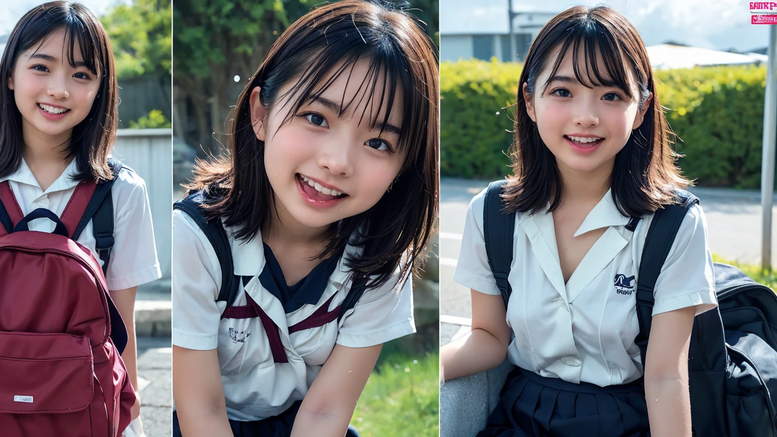 (2Split Photo:1.3)、Magazine Cover:1.3、Japanese,10 years old,Innocent face,Teenage Girl,cute,Primary school students,Private elementary school,uniform,Carrying a small red backpack,Summer clothes,Sitting、front、Cute smile、Laugh with your mouth wide open、((Semen dripping from the mouth:1.2))、Mouth full of semen:1.5、A lot of semen on the tongue、((Cloudy, thick semen))、whole body、Full Body、Semen dripping from the genitals、You can see the nipples、Not wearing a bra