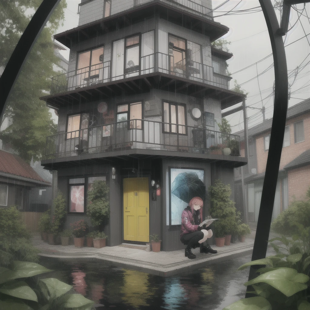 y2k, alternative fashion, 1house with variation rainy water drop, yab, illustration, poster, idol, squat, fisheye lens