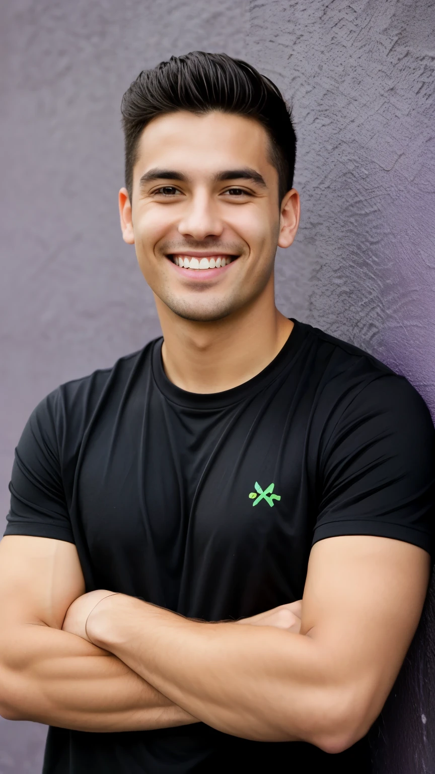 Smiling man showing teeth, background with purple wall, black tee