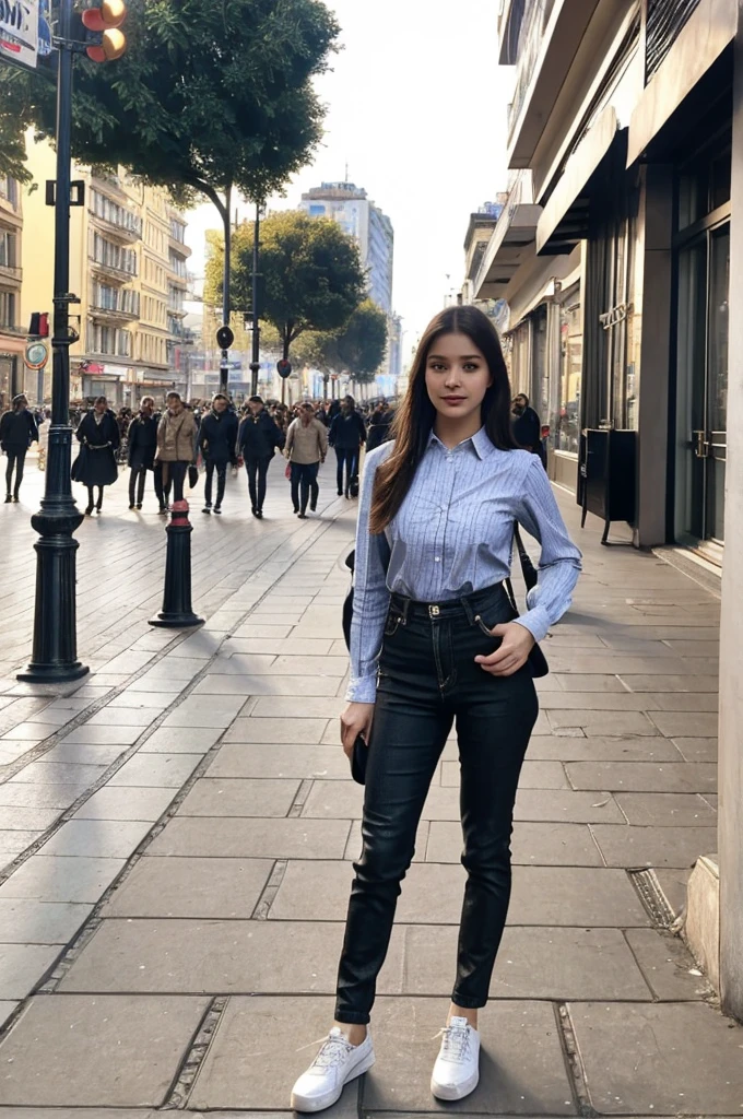 HDR, UHD, Masterpiece, ultra high quality, an ultra beautiful, very attractive influencer young adult female on the pavement of a crowded busy street wearing daily casual yet very sexy combination, 