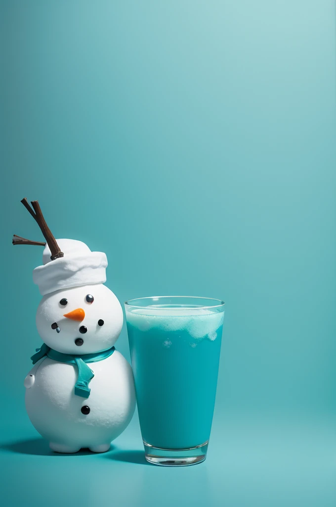 Cyan background with a snowman holding a glass of sugarcane juice