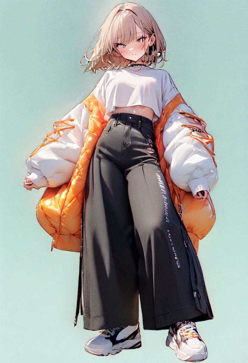 (Masterpiece, Best Quality: 1.2, 8K), Centered, Full Length, One Girl, Cool Fashion, Wide Pants, Simple Sneakers, Simple Background, Open Eyes, Delicate Eyes, Beautiful Eyes,