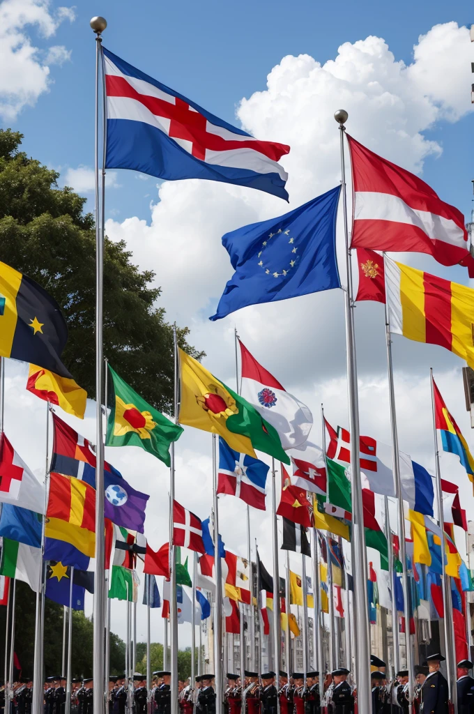 Flags next to each other of countries 1 Latin 2. Portuguese 3. Spanish (Castilian) 4. Catalan 5. Galician 6. French 7. Italian 8. Romanian 9. Japanese 10. Korean 11. Mandarin 12. Russian 13. German 14. Greek 15. Hebrew
