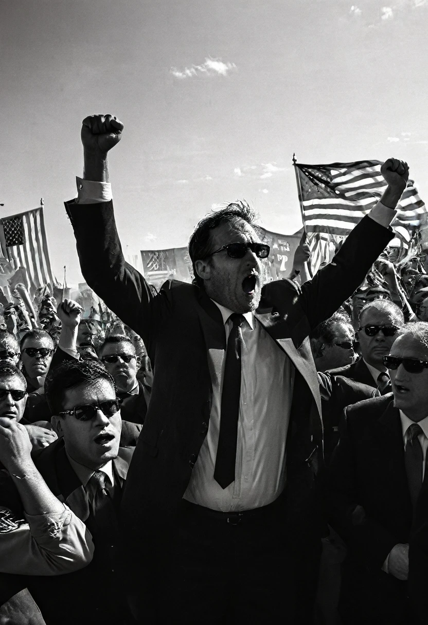 A chaotic and intense moment at a political rally. The central figure, showing signs of distress and a visible injury on the face, raises a fist in defiance. Surrounded by a team of vigilant security personnel in formal suits and sunglasses, the figure is protected amidst the turmoil. A large American flag waves in the background against a clear blue sky, highlighting the national significance of the event. The overall scene captures a high-energy, dramatic moment with a palpable sense of urgency and tension