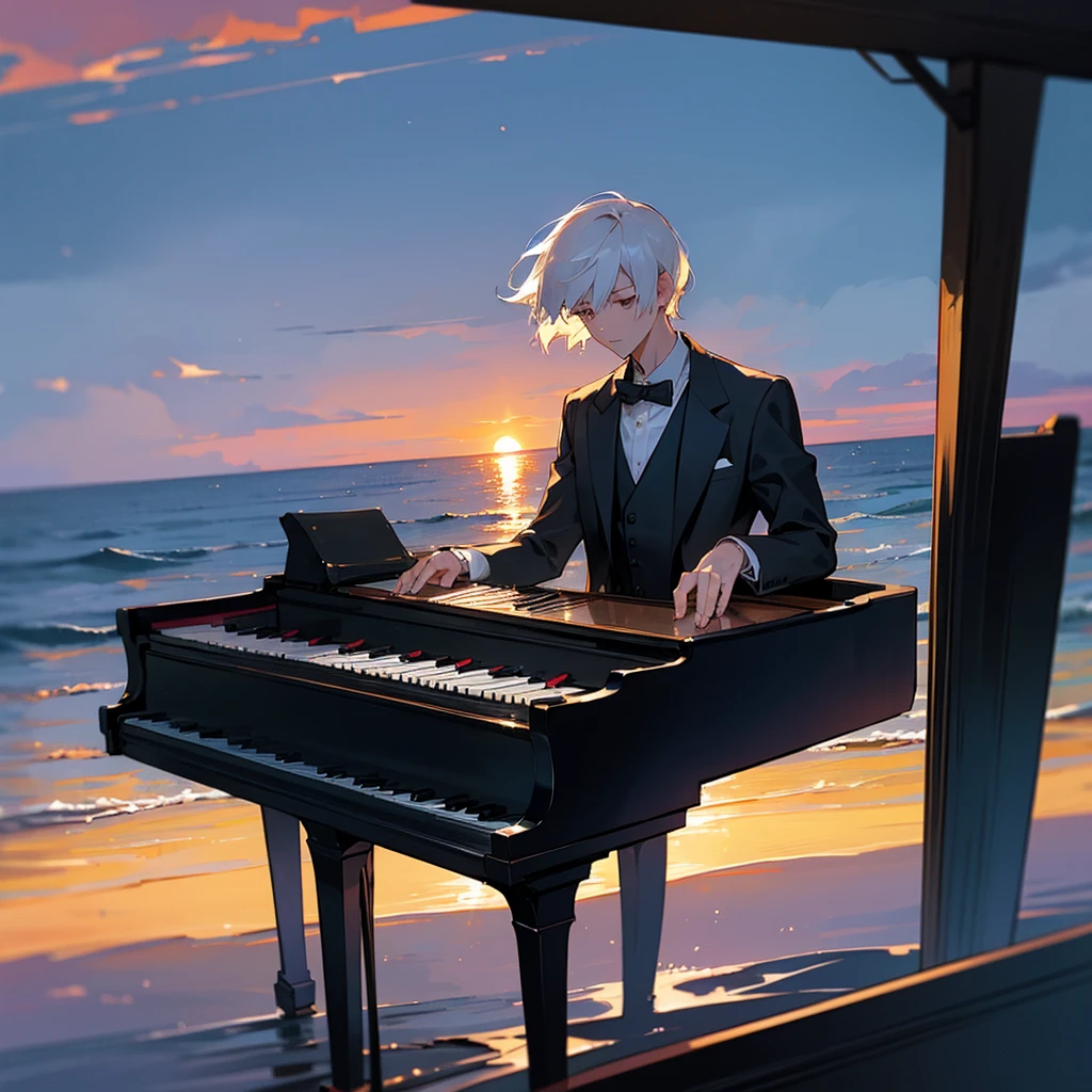 man playing the piano in the middle of the ocean, sunset, beautiful scenemy, grand piano, highly detailed, tuxedo, short white hair