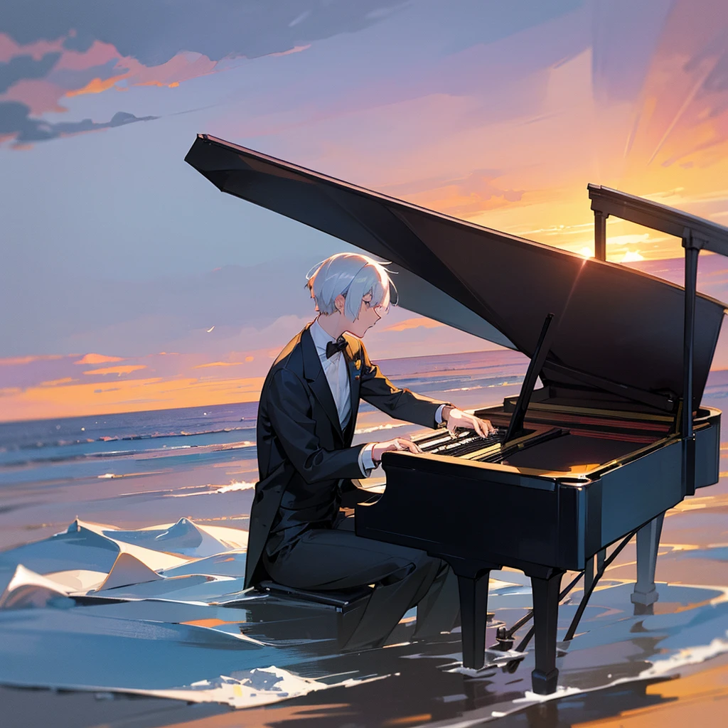 man playing the piano in the middle of the ocean, sunset, beautiful scenemy, grand piano, highly detailed, tuxedo, short white hair