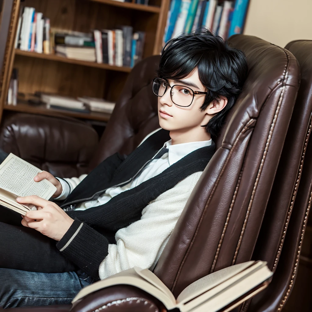 Anime style boy with black wavy hair wolf cut, dark brown almond eyes, white complexion and with black glasses sitting in an armchair and reading a book