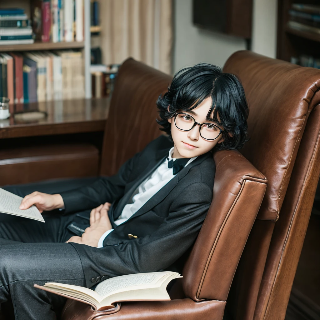 Anime style boy with black wavy hair wolf cut, dark brown almond eyes, white complexion and with black glasses sitting in an armchair and reading a book