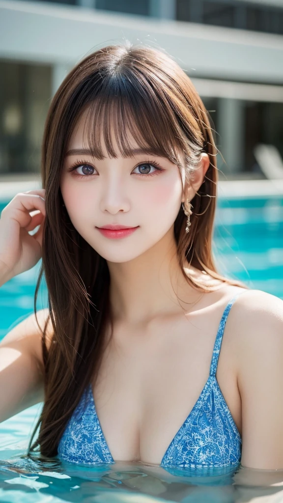 table top, highest quality, shape, Super detailed, finely, High resolution, 8k wallpaper, Perfect dynamic shape, inside the pool, beautiful and detailed eyes, swimsuit,比基尼, Random cute hair,,Natural color lip, bold sexy pose,smile、20 year old girl、cute、sexy shot looking at camera,Always blur the background,perfect and beautiful face,Take only the face,beautiful and detailed face、slim face and style,Big eyes、Do gal makeup