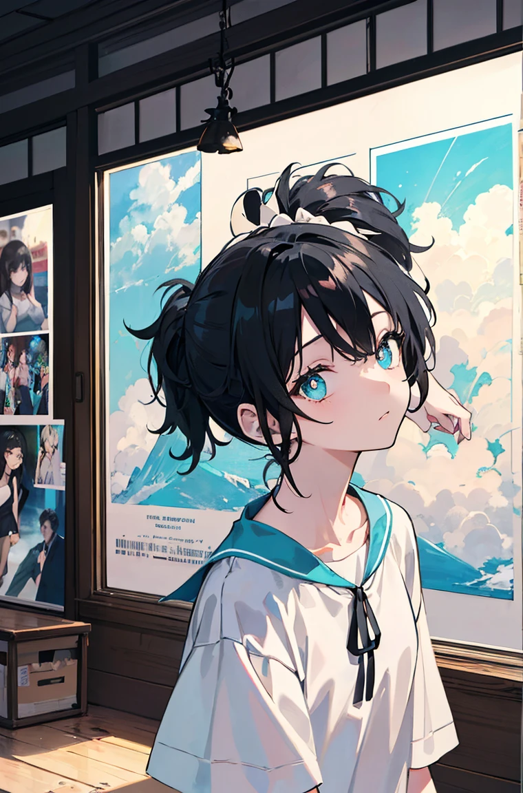 A masterpiece,Black hair,Highlights,High Ponytail,Side face,Messy hair,calm,Cyan pupils,Font,poster,jump,,Hair Bunch,White shirt,Dress fashionably,Standing picture,laid back,best quality, Illustration style,Large aperture portrait, Anime Girl, beautiful eyes, summer,, small, Heartwarming, Youthful and beautiful,,Regular Clothes,Black and white,, showing a natural casual style. Dynamic posture contains the golden ratio, China, White space, Strong contrast between light and shadow, Super texture, Super clear and concise pictures, presenting extremely beautiful,subtle facial expressions