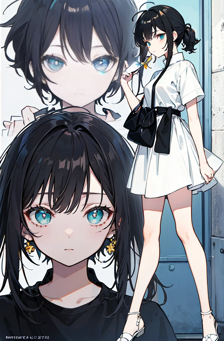 A masterpiece，Black hair，Highlights，High Ponytail，Side face，Messy hair，calm，Cyan pupils，Font，poster，jump，，Hair Bunch，White shirt，Dress fashionably，Standing picture，laid back，best quality, Illustration style，Large aperture portrait， Anime Girl, beautiful eyes, summer,, small, Heartwarming, Youthful and beautiful,,Regular Clothes，Black and white,, showing a natural casual style. Dynamic posture contains the golden ratio, China, White space, Strong contrast between light and shadow, Super texture, Super clear and concise pictures, presenting extremely beautiful,subtle facial expressions
