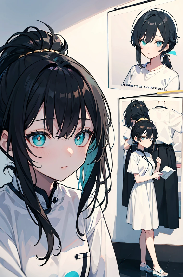 A masterpiece,Black hair,Highlights,High Ponytail,Side face,Messy hair,calm,Cyan pupils,Font,poster,jump,,Hair Bunch,White shirt,Dress fashionably,Standing picture,laid back,best quality, Illustration style,Large aperture portrait, Anime Girl, beautiful eyes, summer,, small, Heartwarming, Youthful and beautiful,,Regular Clothes,Black and white,, showing a natural casual style. Dynamic posture contains the golden ratio, China, White space, Strong contrast between light and shadow, Super texture, Super clear and concise pictures, presenting extremely beautiful,subtle facial expressions