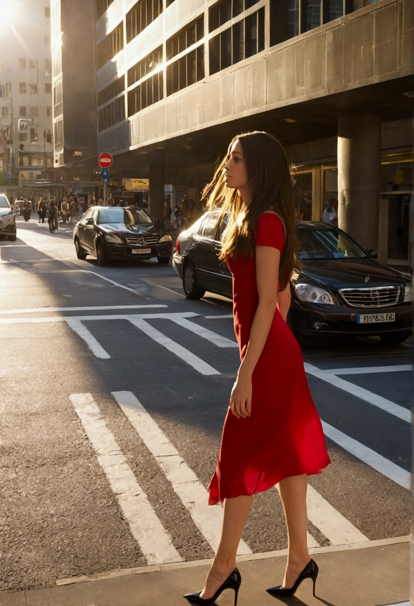 A woman is standing on a busy urban street. front stop,She wears an elegant red dress that reaches to her knees and black high heels that highlight her legs.. Her long, loose hair falls over her shoulders.,. The street is full of urban details, like tall buildings, traffic signs and some people walking. The street pavement is visible, with some pedestrian crossing lines and maybe some cars parked in the background. Sunlight illuminates the scene, creating soft shadows on the pavement