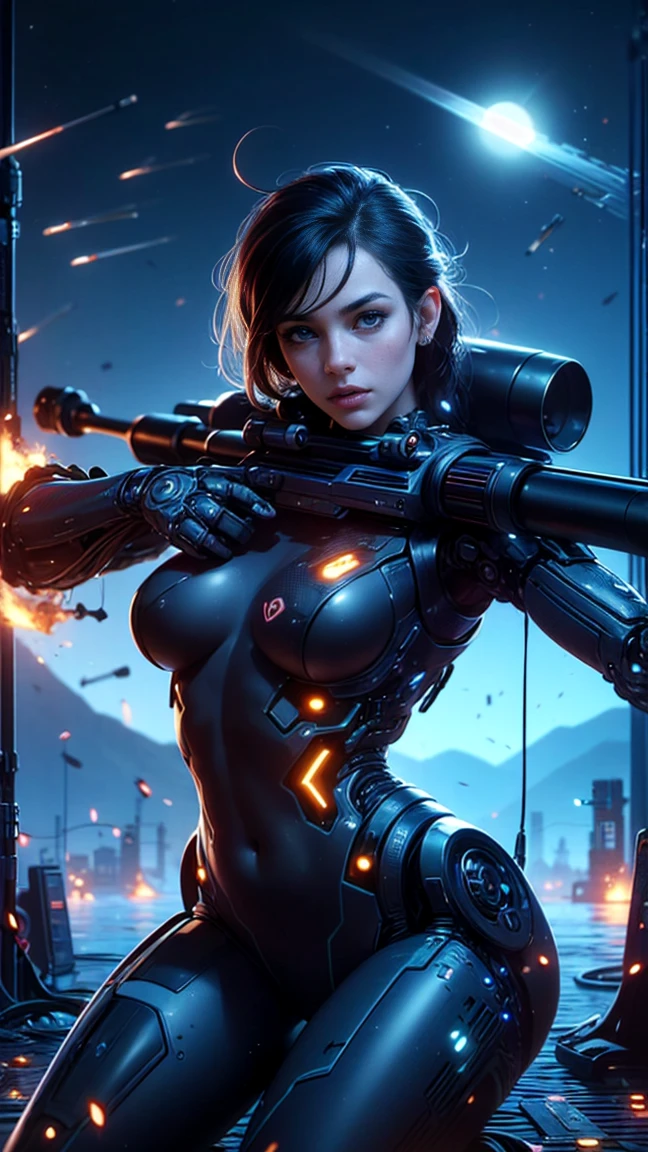 top quality, future world, State-of-the-art robot, Beautiful Woman, flying hair, Transformed into a cyborg except for the face, sexy images, whole body photo, ((holding sniper rifle, concentration, focus, shooting fire, bullet in air))