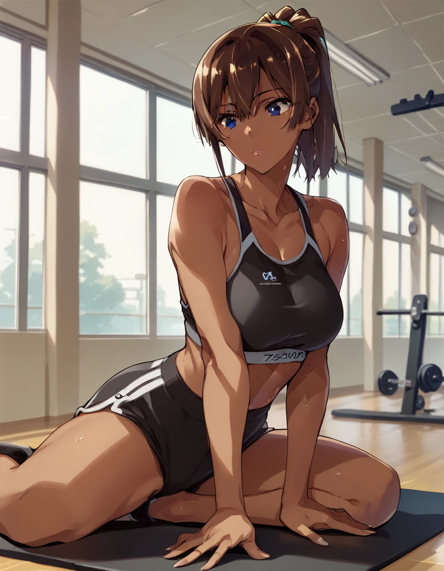 human, ((1girls)), 18 years old, beautiful, ponytail, brown hair, black eyes, black Yoga very short outfit, Z cup breasts, ((brown skin)), fair body, 1m78, deserted, ((Takeda Hiromitsu style)), Sitting, room gym,