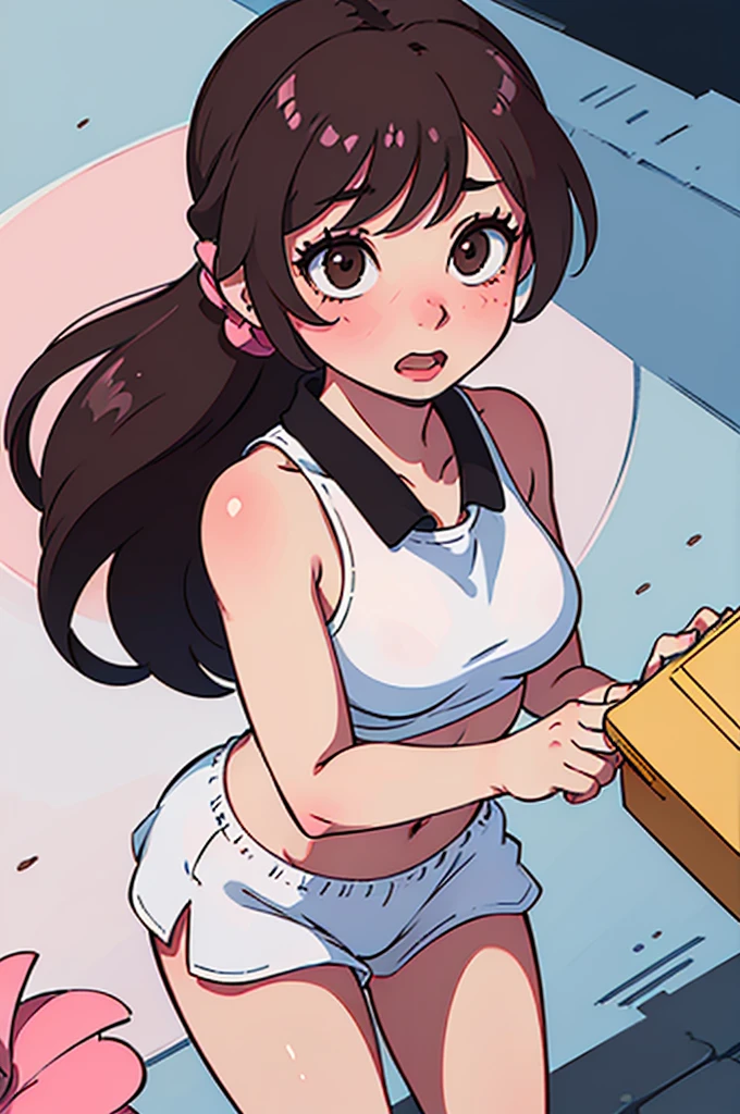 (1:girl) An 18 year old girl, BREAK ((clear and detailed face, nerd, dork, brown hair, ponytail hairstyle, (perfect ???????), perfect five fingers, beautiful detailed hair, brown hair, slim legs, medium breast, big dips, brown eyes, authentic skin texture)), BREAK ((She is standing in the middle of a crowd, in a busy public park (outdoors), wearing only cute and comfy white cotton panties and a cute, pink sports bra, only wearing white ankle socks)), BREAK ((Super fine illustration, highly detailed beautiful face and eyes, (masterpiece:1.2), (best quality:1.2), very precise detailed, highres, (long distance shot), (Masterpiece)), (Super detailed), Top quality, High quality, High resolution, (Complete ???????), cuerpo completo en escena, cute panties, cute sports bra, standing in the middle of the crowd, full body view, add people in the background, babydoll underwear, full body view, crowd looking at her, laughing at her and taking pics of her. Crowd looking at her, full body view, more environment view, long distance shot, front shot, clear face, (embarrassed, panicking, shy, full-face blush, open mouth, parted lips:1.3)))
