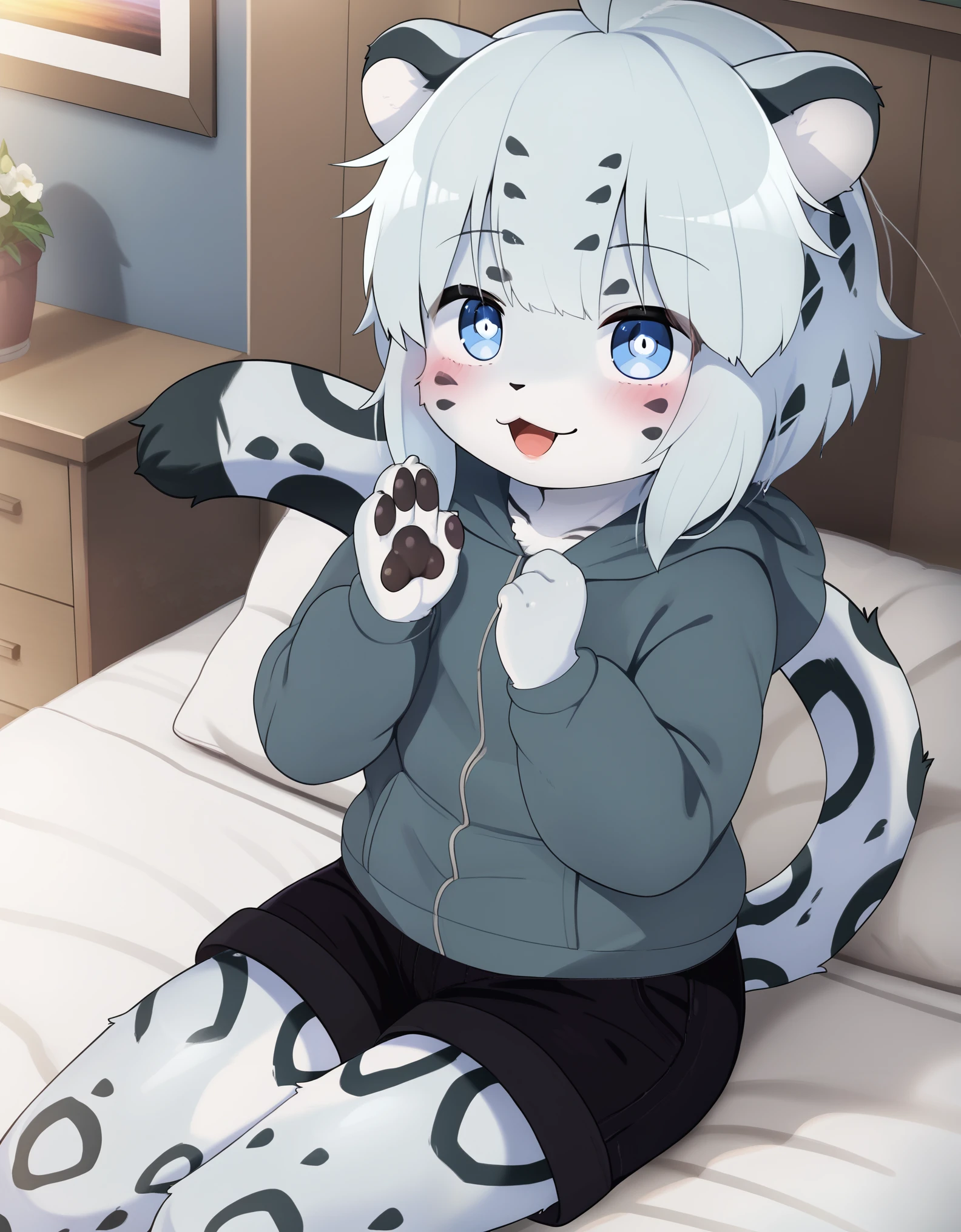 solo, 1girl, female, furry, kemono, anthro, cute face, young, white hair, blue eyes, fluffy body, body fur, short hair, ahoge, bangs, animal ears, tail, leopard ears, leopard tail, detailed eyes, brilliant eyes, 4 fingers, pawpads, perfect anatomy, detailed skin, detailed eyes, detailed lips, perfect hands, perfect face, happy, :D,  BREAK black shorts, short shorts, hoodie, hood, BREAK seated on bed, bed, bedroom, blue room, looking at viewer, indoors, colorful, dutch angle, BREAK ((ultra-detailed)), ((best quality)), ((best quality)), ((beautiful eyes)), ((extremely detailed)), 4K, (8K), best quality, (beautiful), Master piece, highres, score_9, score_8_up, score_7_up, score_6_up, colorful, best quality, official art, highres, masterpiece, nai3, god light, detailed background, high quality background,AddXL,