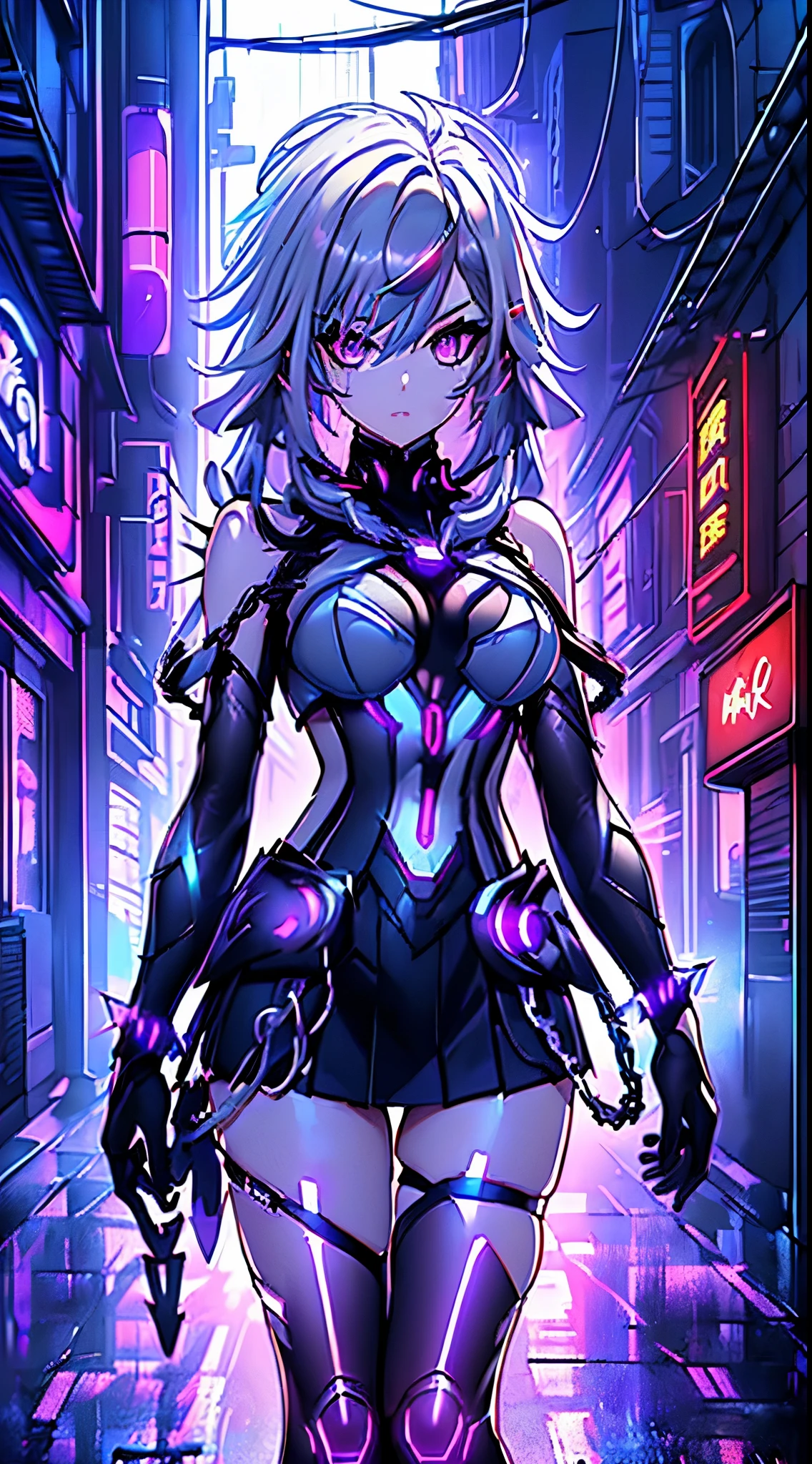 top-quality、Top image quality、​masterpiece、Android Girl((sixteen years old 、Broken, skinny , cybersuit glowing black, red and white、neon  energy source for the chest 、Light blue shiny hair、Long hair , spiky hair, messy hair, long fringe on hair, holding a chain whip, chains around her body, giant chains, Cyber Skirt、purple neon eyes 、Valley、Happiness、A slender)）hiquality、Beautiful Art、Background streets (cyberpunk city、masutepiece、Elaborate design、visualart、Theatrical films, glowing neon eyes, cyberpunk, futuristic, white silver hair, no pupils on eyes