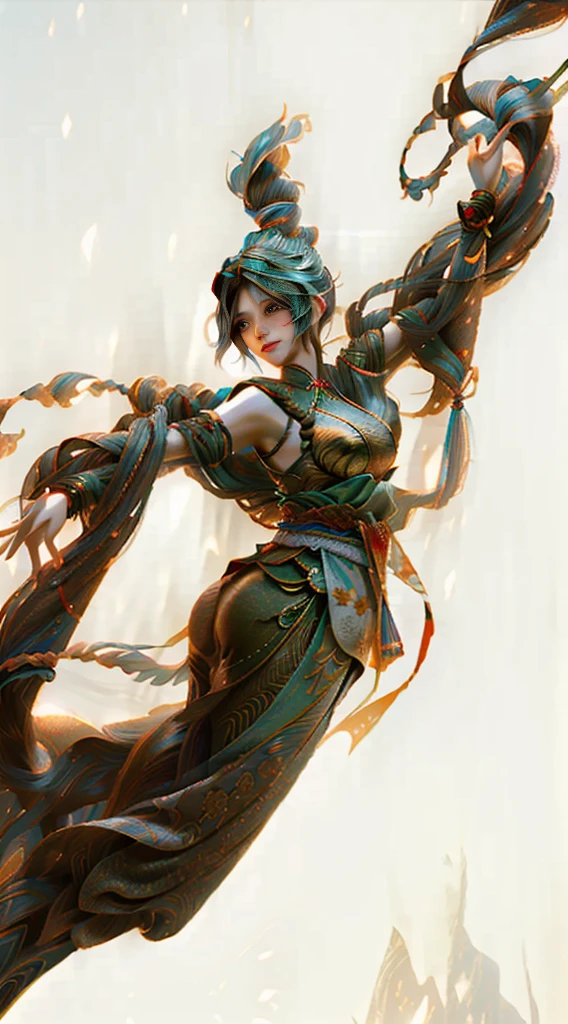 dunhuang,beautiful woman back,weimei,the clothes are flowing,the ribbons fly,metal jewelry,4K,film lighting,waist-twisting,back,super beautiful five senses,clear eyelashes,three-dimensional features,side lighting,fingers,light clothes,piao yarn,