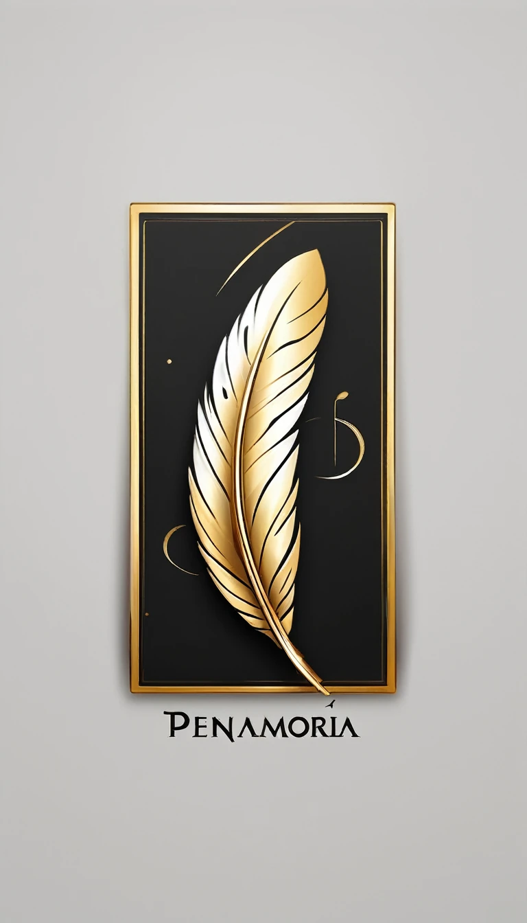 A minimal, modern, simple, cinematic logotype for the brand “Penamemoria". The logotype must be a simple, magical golden feather with white wings. The logo must convey a sense of music, stories and dreams. Minimalistic logo

