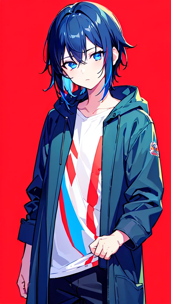 [(RED BACKGROUND:1.5),::5], ((((masterpiece)))), high quality, ultra very high resolution, full color, (((solo))), ((little boy)), BLACK hair, (Blue streaked hair), (oriental deepblue eyes), anime, ((upper body)), Summer clothes, neon light, black parka, 