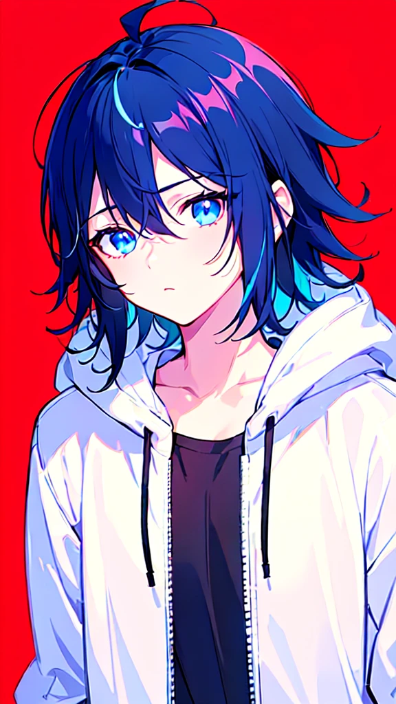 [(RED BACKGROUND:1.5),::5], ((((masterpiece)))), high quality, ultra very high resolution, full color, (((solo))), ((little boy)), BLACK hair, (Blue streaked hair), (oriental deepblue eyes), anime, ((upper body)), Summer clothes, neon light, black parka, 