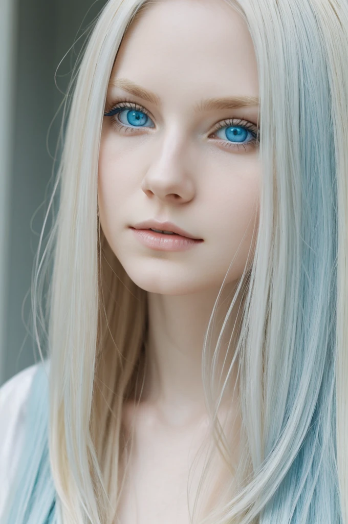 Female, Pale skin, Light blue eyes, Long light blonde hair