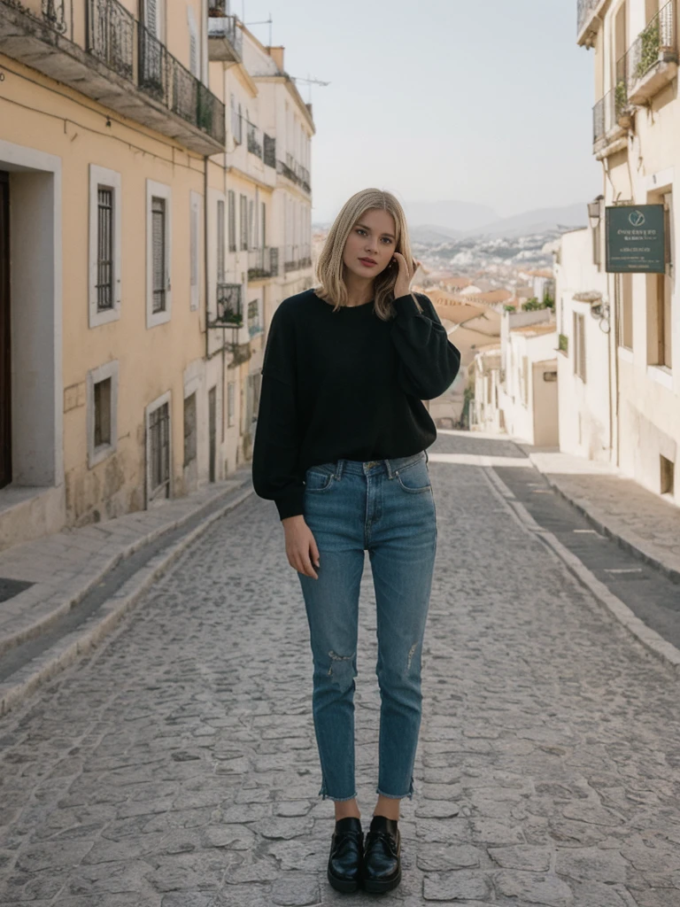 her name is Amelie, high quality, 1girl, ((25-year-old fit Caucasian woman)), ((25 years old)), ((SLIM)), ((French Bob BLONDE HAIR)), pose: standing, wearing Exclusive Fashion-forward Generation-Z modern wear different colored, BACKGROUND:"Lived in the picturesque streets of Lisbon, with its colorful tiles, historic trams, and stunning views from hilltop miradouros."