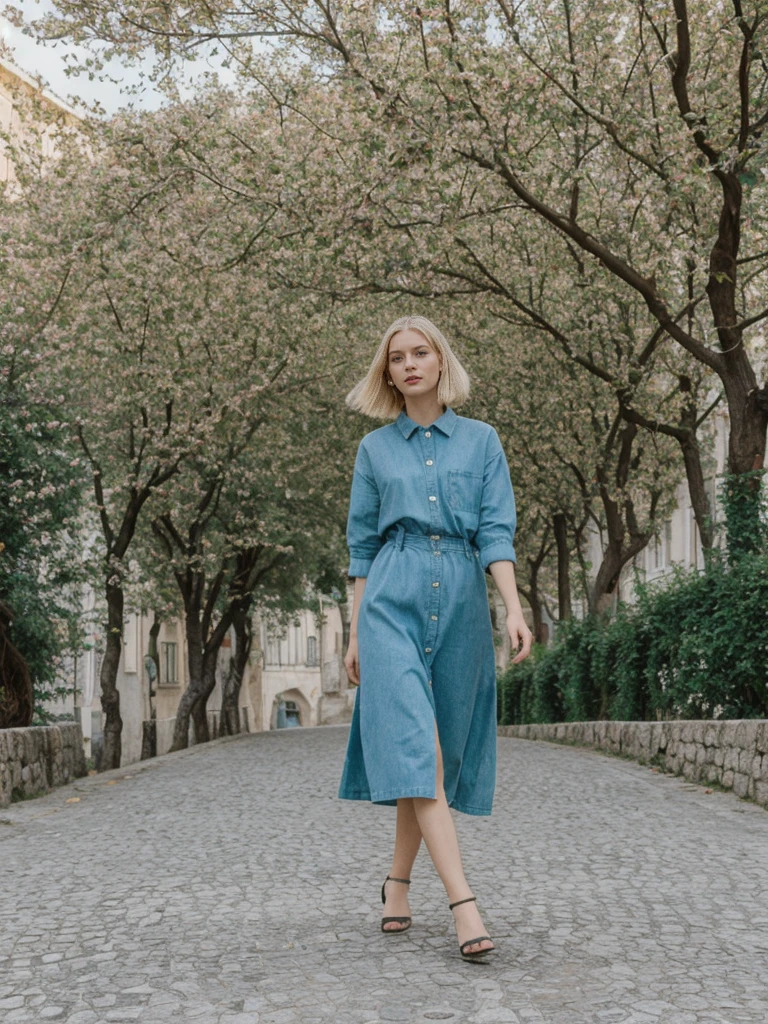 her name is Amelie, high quality, 1girl, ((25-year-old fit Caucasian woman)), ((25 years old)), ((SLIM)), ((French Bob BLONDE HAIR)), pose: standing, wearing Exclusive Fashion-forward Generation-Z modern wear different colored, BACKGROUND:"Lived in the picturesque streets of Lisbon, with its colorful tiles, historic trams, and stunning views from hilltop miradouros."