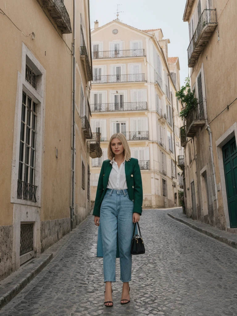 her name is Amelie, high quality, 1girl, ((25-year-old fit Caucasian woman)), ((25 years old)), ((SLIM)), ((French Bob BLONDE HAIR)), pose: standing, wearing Exclusive Fashion-forward Generation-Z modern wear different colored, BACKGROUND:"Lived in the picturesque streets of Lisbon, with its colorful tiles, historic trams, and stunning views from hilltop miradouros."