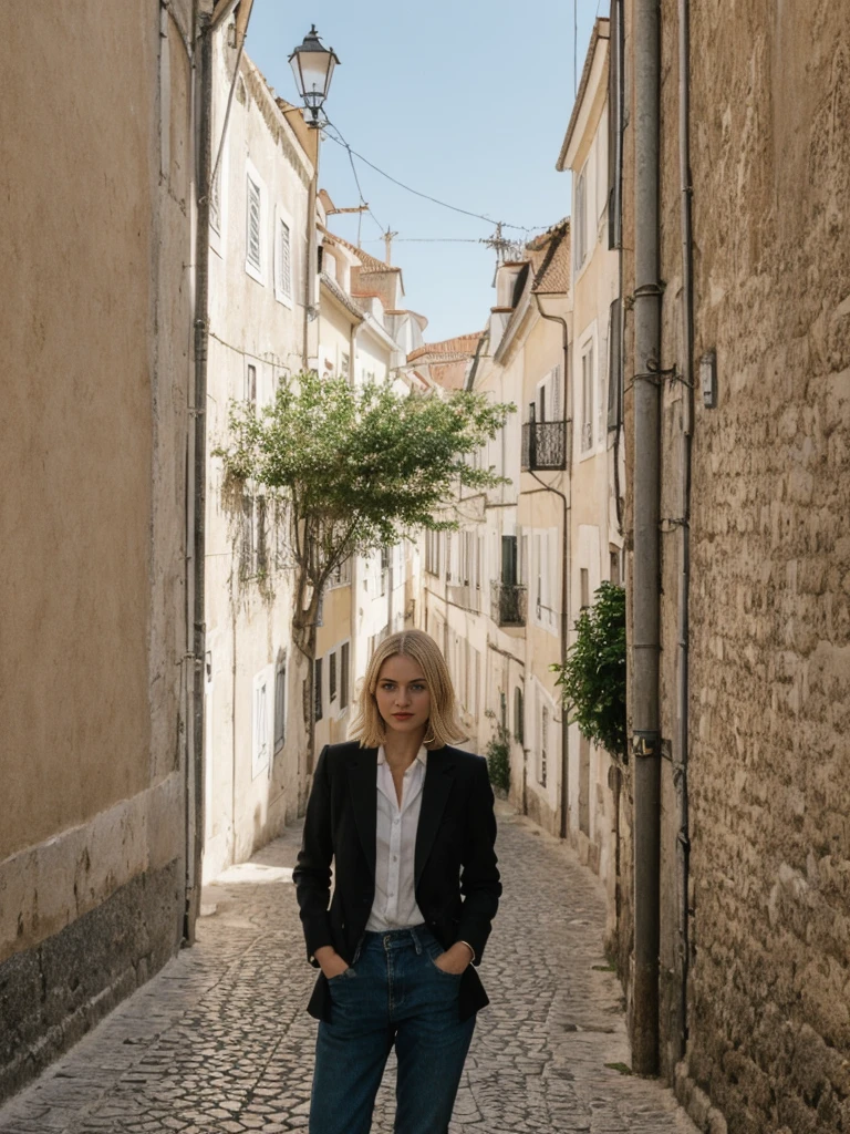 her name is Amelie, high quality, 1girl, ((25-year-old fit Caucasian woman)), ((25 years old)), ((SLIM)), ((French Bob BLONDE HAIR)), pose: standing, wearing Exclusive Fashion-forward Generation-Z modern wear different colored, BACKGROUND:"Lived in the picturesque streets of Lisbon, with its colorful tiles, historic trams, and stunning views from hilltop miradouros."