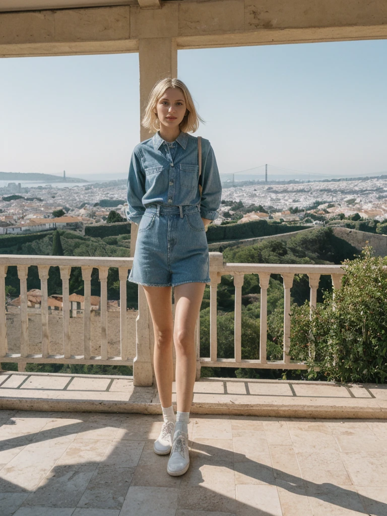 her name is Amelie, high quality, 1girl, ((25-year-old fit Caucasian woman)), ((25 years old)), ((SLIM)), ((French Bob BLONDE HAIR)), pose: standing, wearing Exclusive Fashion-forward Generation-Z modern wear different colored, BACKGROUND:"Lived in the picturesque streets of Lisbon, with its colorful tiles, historic trams, and stunning views from hilltop miradouros."