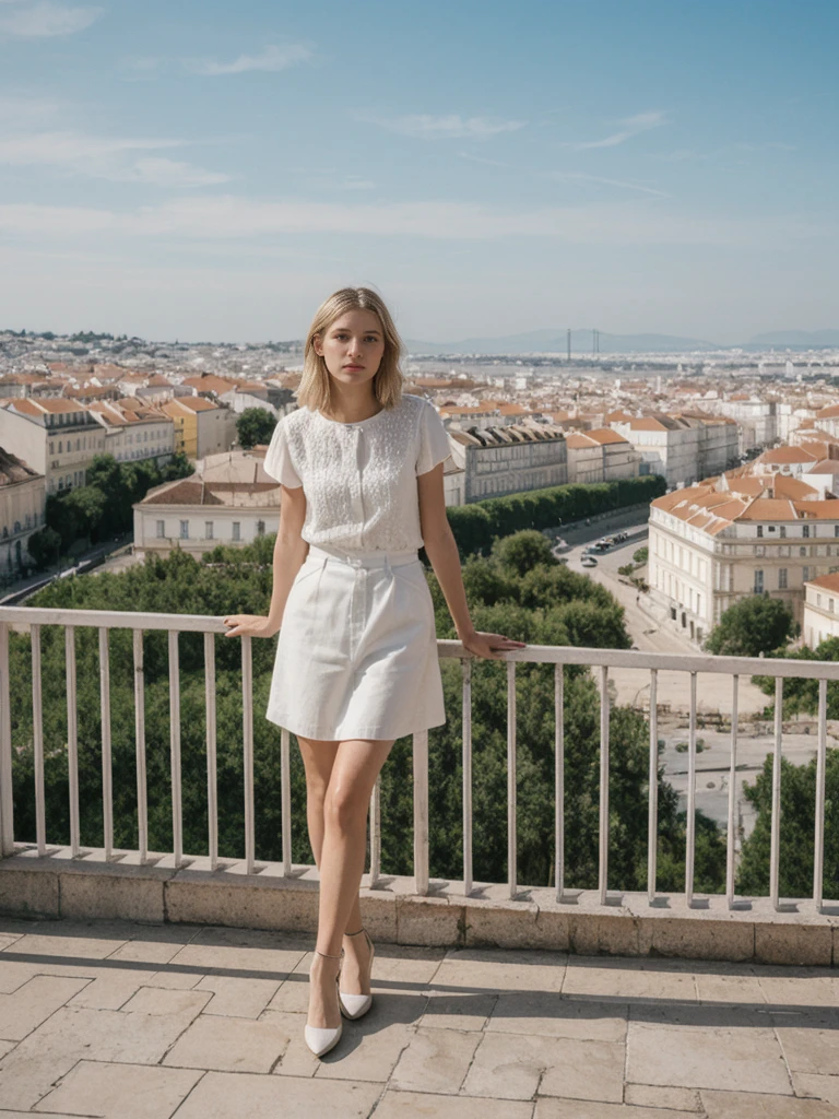 her name is Amelie, high quality, 1girl, ((25-year-old fit Caucasian woman)), ((25 years old)), ((SLIM)), ((French Bob BLONDE HAIR)), pose: standing, wearing Exclusive Fashion-forward Generation-Z modern wear different colored, BACKGROUND:"Lived in the picturesque streets of Lisbon, with its colorful tiles, historic trams, and stunning views from hilltop miradouros."
