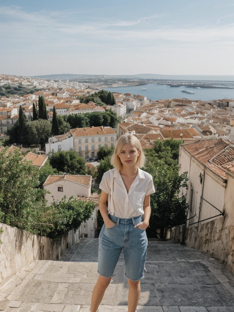 her name is Amelie, high quality, 1girl, ((25-year-old fit Caucasian woman)), ((25 years old)), ((SLIM)), ((French Bob BLONDE HAIR)), pose: standing, wearing Exclusive Fashion-forward Generation-Z modern wear different colored, BACKGROUND:"Lived in the picturesque streets of Lisbon, with its colorful tiles, historic trams, and stunning views from hilltop miradouros."