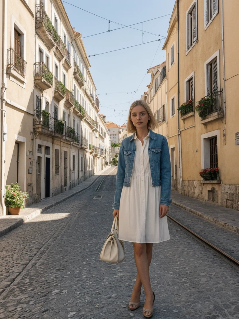 her name is Amelie, high quality, 1girl, ((25-year-old fit Caucasian woman)), ((25 years old)), ((SLIM)), ((French Bob BLONDE HAIR)), pose: standing, wearing Exclusive Fashion-forward Generation-Z modern wear different colored, BACKGROUND:"Lived in the picturesque streets of Lisbon, with its colorful tiles, historic trams, and stunning views from hilltop miradouros."
